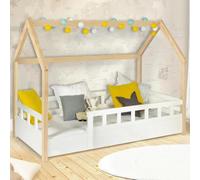 Lit cabane enfant 80 x 160 cm neree blanc et hêtre avec sommier et barrières