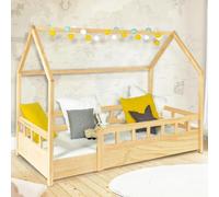 IDMarket - Lit cabane Enfant 80 x 160 CM NEREE Bois avec sommier et barrières