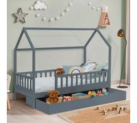 Lit cabane enfant 80 x 160 CM NEREE gris avec 1 tiroir gigogne et de rangement