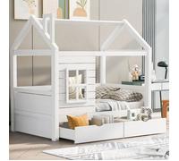Lit cabane enfant 80x160cm avec Protection anti-chute et fenêtres - 2 tiroirs - Sommier à lattes - Bois massif