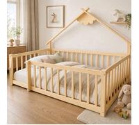 Lit Cabane Enfant 90 x 190 cm- en bois de pin et MDF - barrière de sécurité avec verrou