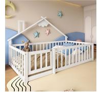 Lit cabane enfant 90 x 190 cm en pin et MDF, blanc, avec barrière et verrou