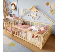 Lit Cabane Enfant 90x190 cm Bois Naturel Premium Anti-Chute - Lit Enfant - Lit Au Sol Ludique Avec Verrou Sommier Inclus