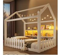 Lit Cabane Enfant 90x190 cm - Éclairage LED, Barreaux de Sécurité, Rangements Ouverts Tête de Lit - Style Minimaliste - Pin - Blanc