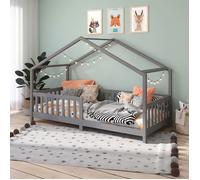 Lit cabane enfant 90x190 cm LISAN lit Simple montessori avec Barrières de Protection en Bois Massif lasuré gris
