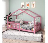 Lit cabane enfant 90x190 cm LISAN lit Simple montessori avec Barrières de Protection en Bois Massif lasuré rose