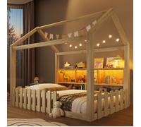 Lit Cabane Enfant 90x190cm - Éclairage LED, Barreaux de Sécurité, Rangements Ouverts Tête de Lit - Style Minimaliste - Pin - Naturel