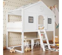 Lit cabane enfant 90x200 cm avec escalier, barrière de sécurité, 2 fenêtres et espace inférieur personnalisable, lit mezzanine avec espace de jeu et de rangement, EN747, blanc/gris, pin/MDF