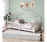 Lit cabane enfant 90x200 cm LISAN lit Simple montessori avec Barrières de Protection en Bois Massif lasuré blanc
