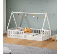 Lit cabane enfant 90x200 cm NICOLAS lit Simple montessori avec Barrières de Protection en Bois Massif, Laqué blanc