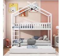 Lit cabane enfant blanc 90x200 avec lit gigogne, pin massif, sommier à lattes, convertible