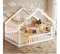 Lit Cabane Enfant Blanc - Bois Massif - lit bébé au sol 140 x 190 cm LED avec Barrières de Sécurité - Sommier à Lattes - blanc