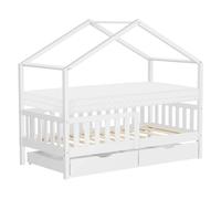 Lit cabane enfant en bois blanc protection antichute toit et matelas 80x160 cm