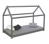 Homestyle4u Lit cabane enfant 90x200 cm gris en pin massif avec sommier