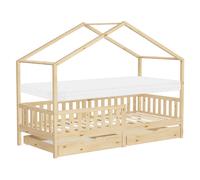 Lit cabane enfant en bois naturel protection antichute et matelas h10cm 90x200cm