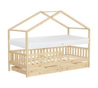 Lit cabane enfant en bois naturel protection antichute et matelas h16cm 90x200cm
