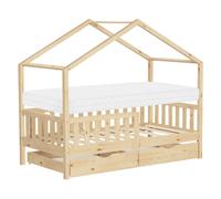 Lit cabane enfant en bois naturel protection antichute toit et matelas 80x160 cm