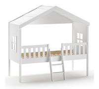 Vipack Lit de maison avec échelle – 90 x 200 cm – Sommier à lattes à roulettes – Blanc laqué