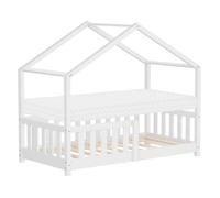 ML-Design Lit Cabane Enfant 70x140 cm Blanc avec Matelas, Protection Antichute, Toit et Sommier à Lattes, Pin Massif, Style Maison, Couchage au Sol Montessori pour Fille Garçon Chambre à Coucher