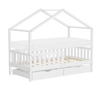 ML-Design Lit Cabane Enfant 80x160 cm Blanc avec Matelas, 2 Tiroirs, Protection Anti-Chute, Toit et Sommier à Lattes, en Bois de Pin Massif, Style Maison, Couchage Cadre Montessori pour Fille Garçon