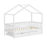ML-Design Lit Cabane Enfant 80x160 cm Blanc en Bois Massif avec 2 Tiroirs, Protection Anti-Chute, Toit et Sommier à Lattes, Style Maison, Couchage Maisonnette Barrière de Sécurité pour Fille Garçon