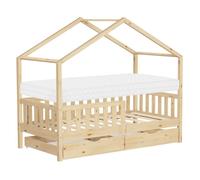 Lit cabane enfant en bois naturel protection antichute toit et matelas 80x160 cm