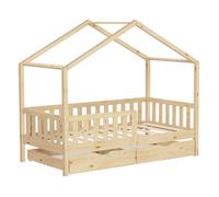 Lit cabane enfant ML-Design 80x160cm naturel bois massif 2 tiroirs antichute toit et sommier à latte