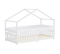 Lit enfant cabane 90x200 cm blanc pin massif avec matelas H16cm sommier à lattes