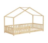 ML-Design Lit Cabane d'enfant 90x200 cm Naturel en Pin Massif avec Protection Antichute, Toit et Sommier à Lattes, Style Maison, Couchage au Sol Montessori Cadre pour Fille Garçon Chambre à Coucher