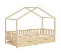 Lit cabane enfant ML-Design 90x200cm naturel bois massif 2 tiroirs antichute toit et sommier à latte