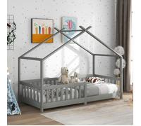 Lit cabane enfant MODERNLUXE en bois de pin avec barres de sécurité, gris - 90x200cm