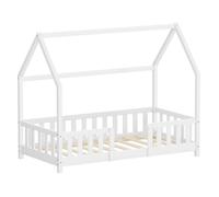 ML-Design Lit Cabane Enfant 80x160 cm Blanc en Bois de Pin Massif avec Protection Antichute, Toit et Sommier à Lattes Contreplaqué, Style Maison, Couchage Maisonnette Lit Simple pour Fille ou Garçon