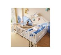 Lit cabane enfant - SOGEU - 140x190 - Bois pin massif & MDF - Blanc Montessori au sol - Barrière à loquet, sommier inclus