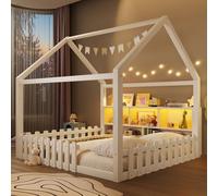 Lit cabane Enfants 140x190 cm avec LED,lit Enfant avec Barriere,lit Enfant cabane lit au Sol Enfant,Compartiments de Rangement Ouverts, Design Maison,Bande de Maison,Bois de pin,Blanc