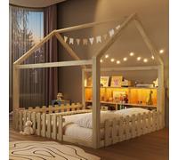 Lit cabane Enfants 140x190 cm avec LED,lit Enfant avec Barriere,lit Enfant cabane lit au Sol Enfant,Compartiments de Rangement Ouverts, Design Maison,Bande de Maison,Bois de pin,Naturelle