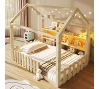Lit cabane Enfants 90x190 cm avec LED,lit Enfant avec Barriere,lit Enfant cabane lit au Sol Enfant,Compartiments de Rangement Ouverts, Design Maison,Bande de Maison,Bois de pin,Naturelle