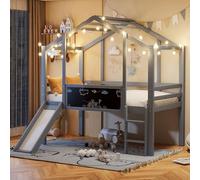 Lit cabane enfants 90x200,lit enfant cabane avec toboggan,lit superposé enfant 90x200 lit enfant mi hauteur en bois,cadre de lit mezzanine 1 place avec sommier à lattes (Gris)panneau graffiti