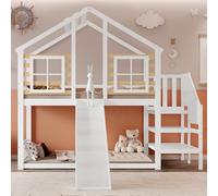 Lit cabane Enfants 90x200 Lit superposé Enfant lit Double lit Simple Protection Anti Chute en Bois Massif avec escalier et Grille avec Toboggan et fenêtre avec en Bois Massif Blanc