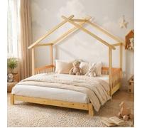 Lit cabane évolutif enfant en bois de pin naturel convertible simple double barrières 3 côtés ORVRYN
