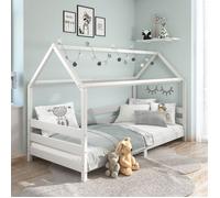 Lit cabane FINA lit simple pour enfant montessori 90 x 190 cm, avec barrières de protection sur 3 côtés, en pin massif lasuré blanc