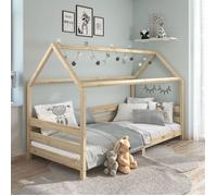 Lit cabane FINA lit simple pour enfant montessori 90 x 190 cm, avec barrières de protection sur 3 côtés, en pin massif à la finition