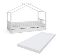 Lit cabane Vitalispa Franka Blanc 90x200 cm avec 2 tiroirs et matelas, Model 40401