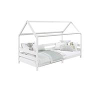 Lit cabane FINA lit simple pour enfant montessori 90 x 190 cm, avec barrières de protection sur 3 côtés, en pin massif lasuré blanc
