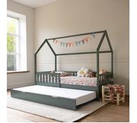 Happy Garden Lit cabane Vert 190x90cm en Bois Marceau, Cadre de lit en Bois Massif de pin avec sommier à Lattes, barreaux de sécurité et lit gigogne