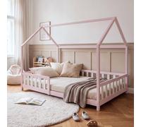 Lit cabane "Hesel" pour enfants, avec barrière de sécurité, dimensions 120 x 200 cm, en bois de pin, couleur rose/blanc