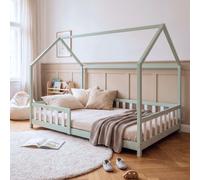 Lit cabane "Hesel" pour enfants, avec barrière de sécurité, dimensions 140 x 200 cm, en bois de pin, couleur vert menthe/blanc