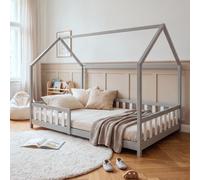 Lit cabane "Hesel" pour enfants, avec barrière de sécurité, dimensions 140 x 200 cm, en bois de pin, couleur gris/blanc