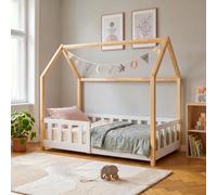 Lit cabane "Hesel" pour enfants, avec barrière de sécurité, dimensions 70 x 140 cm, en bois de pin, blanc/naturel