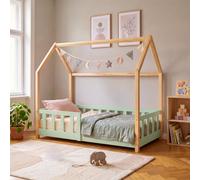 Lit cabane "Hesel" pour enfants, avec barrière de sécurité, dimensions 70 x 140 cm, en bois de pin, couleur vert menthe/naturel