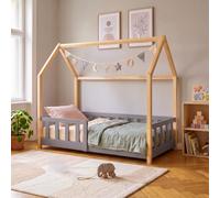 Lit cabane "Hesel" pour enfants, avec barrière de sécurité, dimensions 70 x 140 cm, en bois de pin, couleur gris/naturel